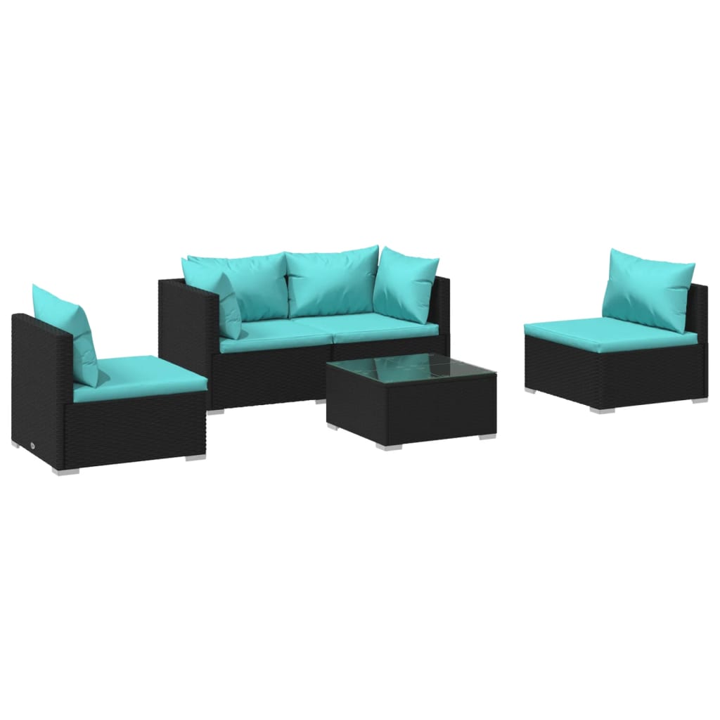 5 Piece Patio Lounge Set with Cushions Poly Rattan Black