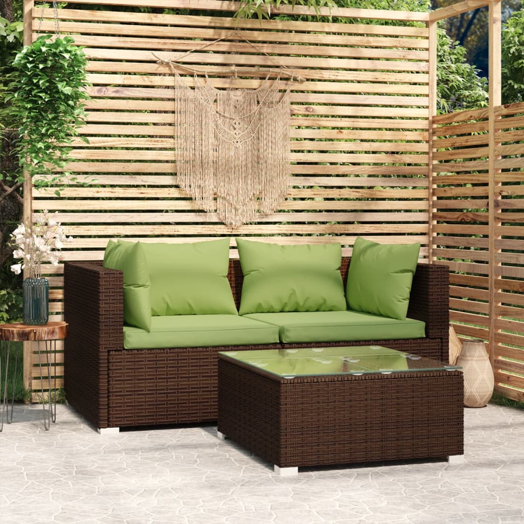 3 Piece Patio Lounge Set with Cushions Brown Poly Rattan