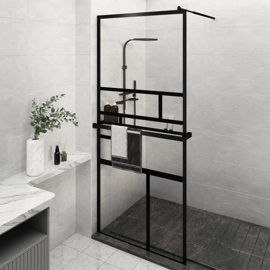 Walk-in Shower Wall with Shelf Black 39.4"x76.8" ESG Glass&Aluminum