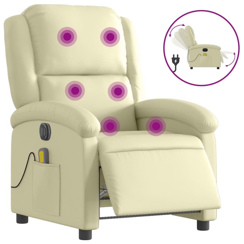 Electric Massage Recliner Chair Cream Real Leather