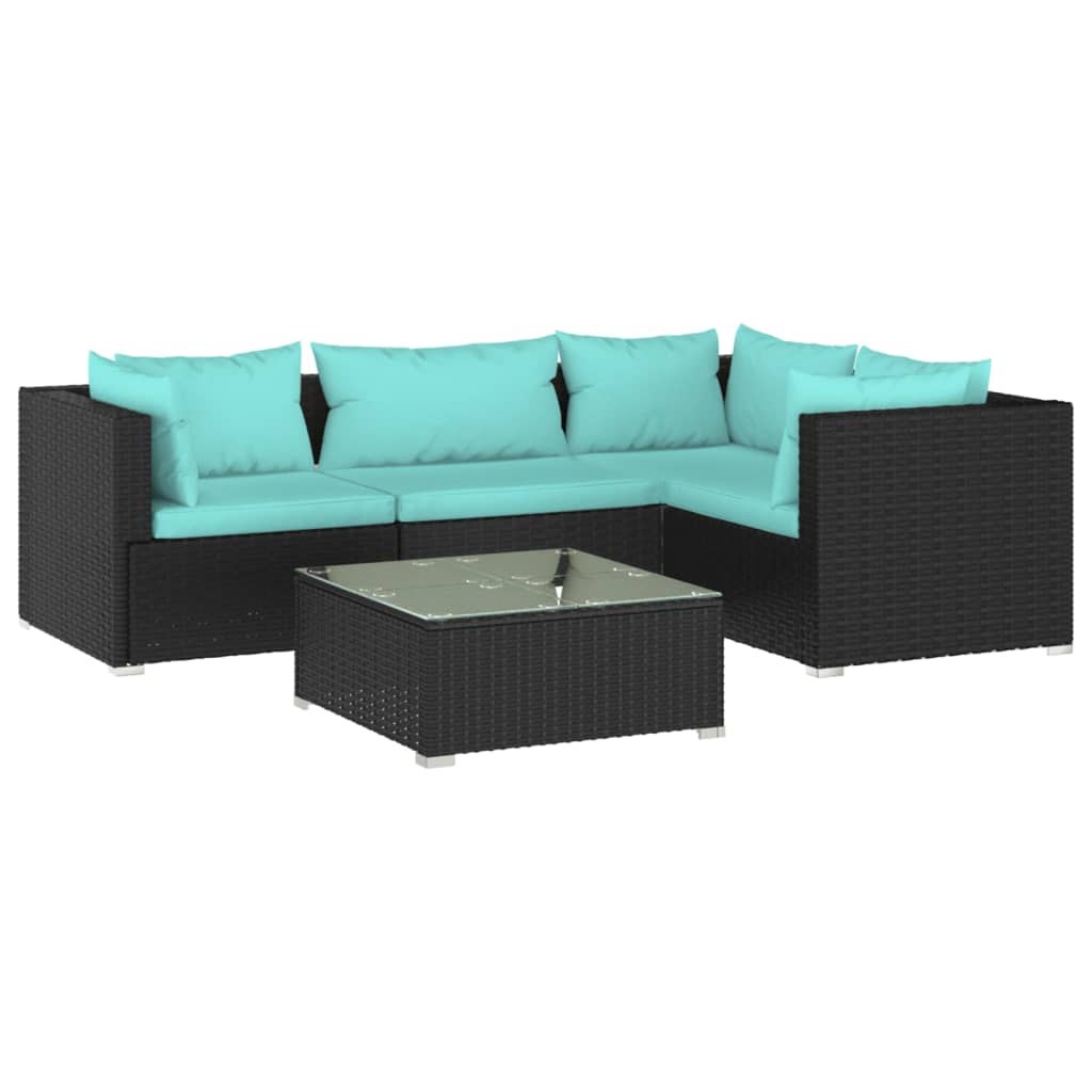 5 Piece Patio Lounge Set with Cushions Poly Rattan Black