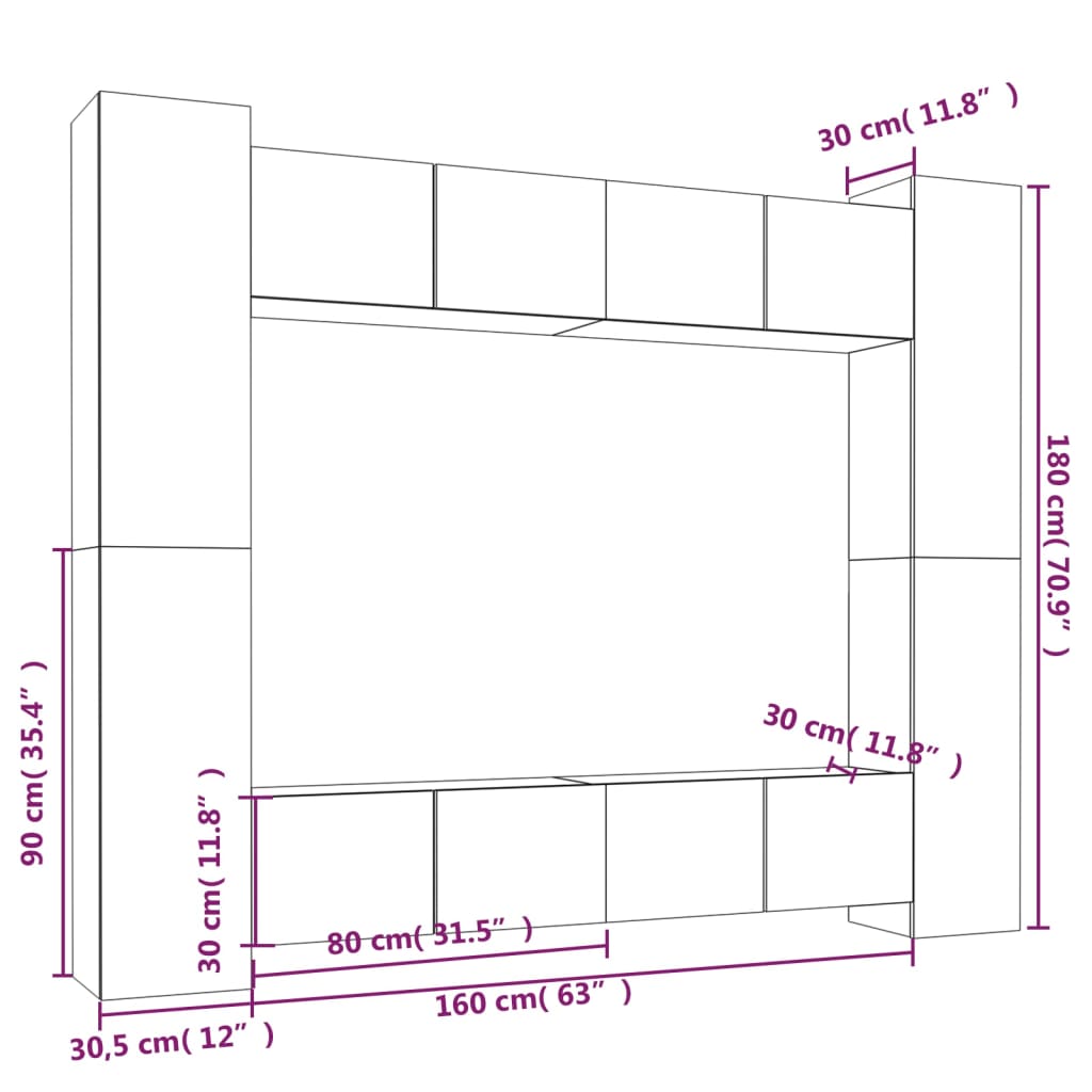 8 Piece TV Stand Set Black Engineered Wood