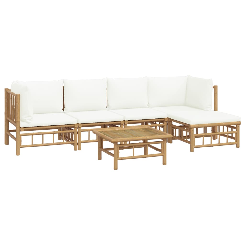 6 Piece Patio Lounge Set with Cream White Cushions Bamboo