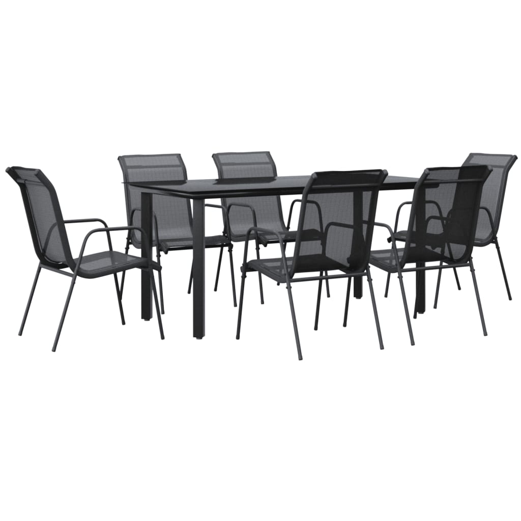 7 Piece Patio Dining Set Black Steel and Textilene