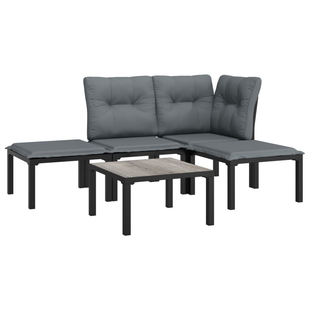 5 Piece Patio Lounge Set Black and Gray Poly Rattan