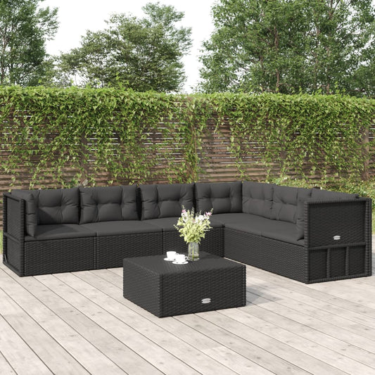 6 Piece Patio Lounge Set with Cushions Black Poly Rattan