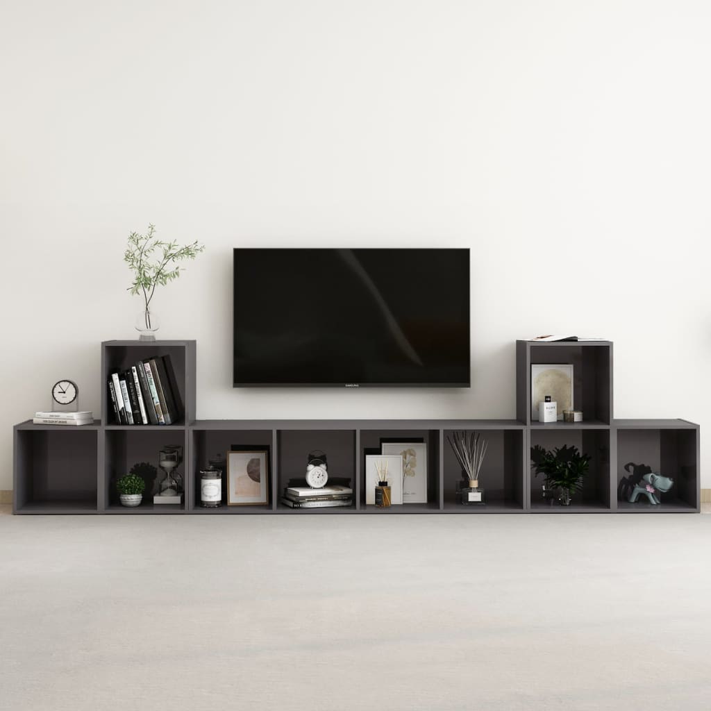 5 Piece TV Stand Set High Gloss Gray Engineered Wood