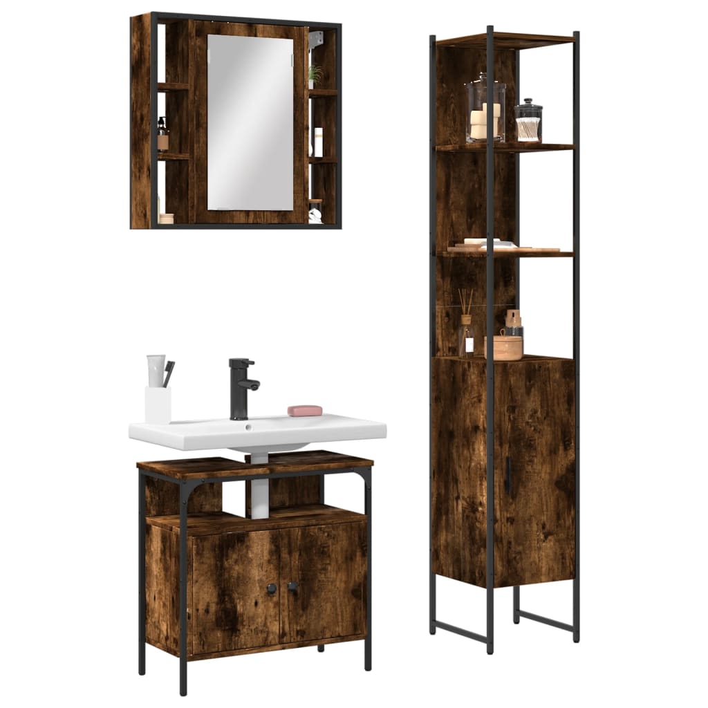 3 Piece Bathroom Cabinet Set Black Engineered Wood