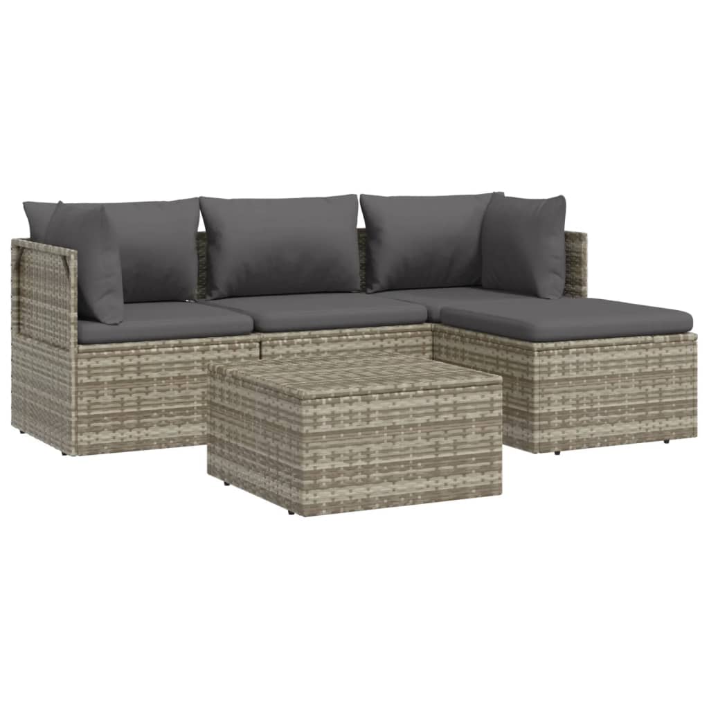 5 Piece Patio Lounge Set with Cushions Gray Poly Rattan