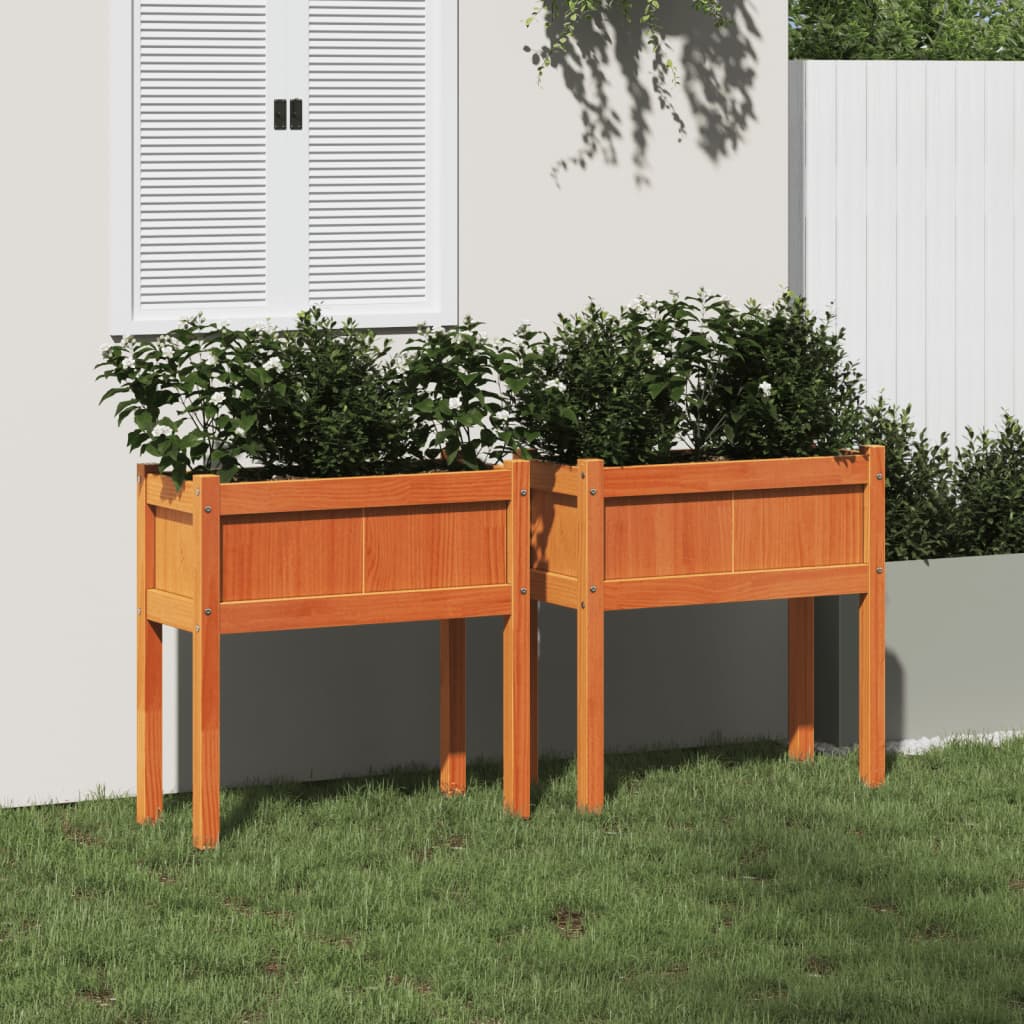 Garden Planters 2 pcs with Legs Wax Brown Solid Wood Pine