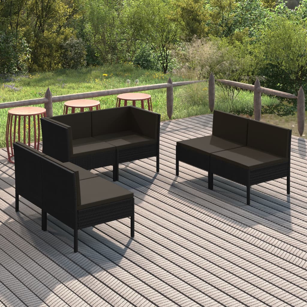 6 Piece Patio Lounge Set with Cushions Poly Rattan Black