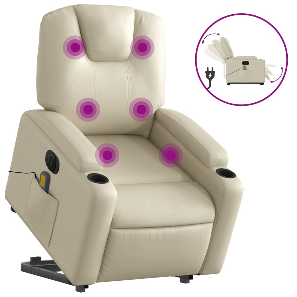 Electric Stand up Massage Recliner Chair Cream Faux Leather