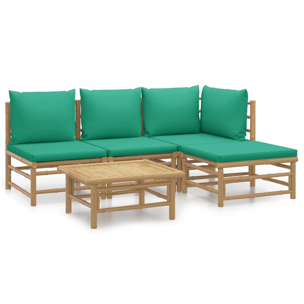 5 Piece Patio Lounge Set with Green Cushions Bamboo