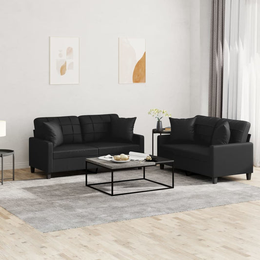 2 Piece Sofa Set with Pillows Black Faux Leather