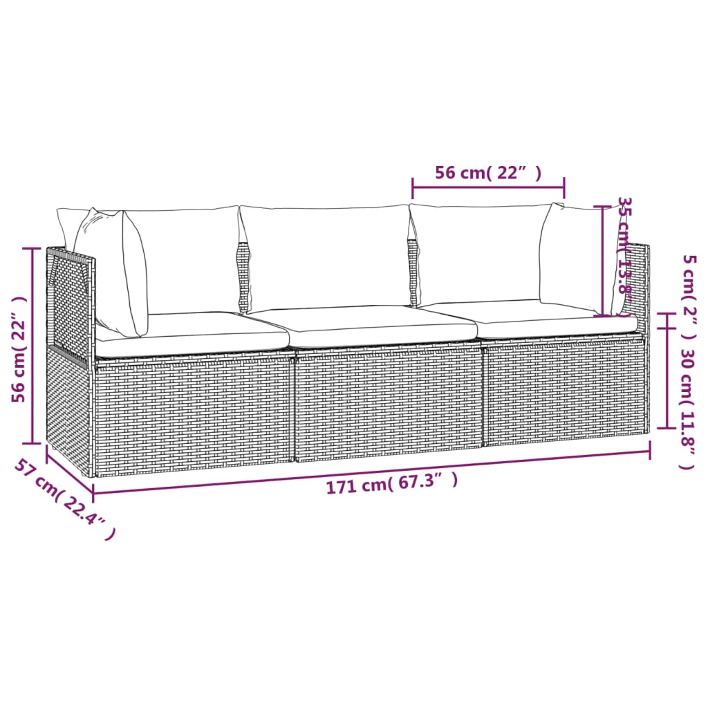 3 Piece Patio Lounge Set with Cushions Gray Poly Rattan