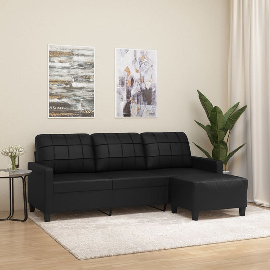 3-Seater Sofa with Footstool Black 70.9" Faux Leather