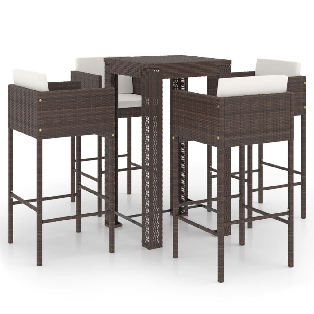 5 Piece Patio Bar Set with Cushions Poly Rattan Brown