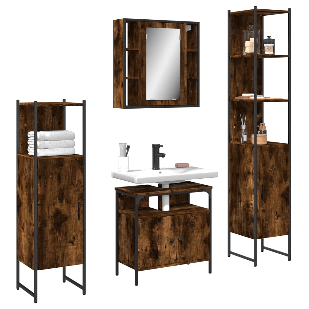 4 Piece Bathroom Cabinet Set Smoked Oak Engineered Wood