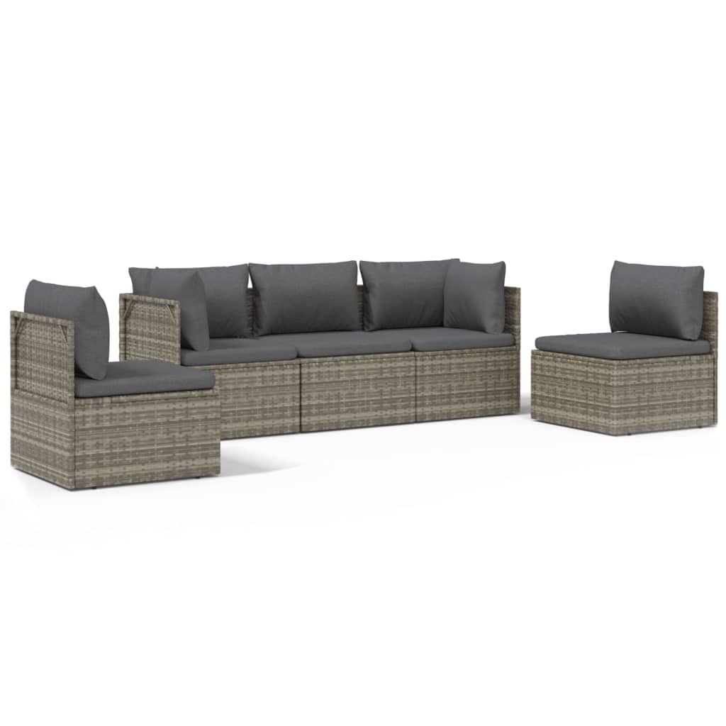 5 Piece Patio Lounge Set with Cushions Gray Poly Rattan