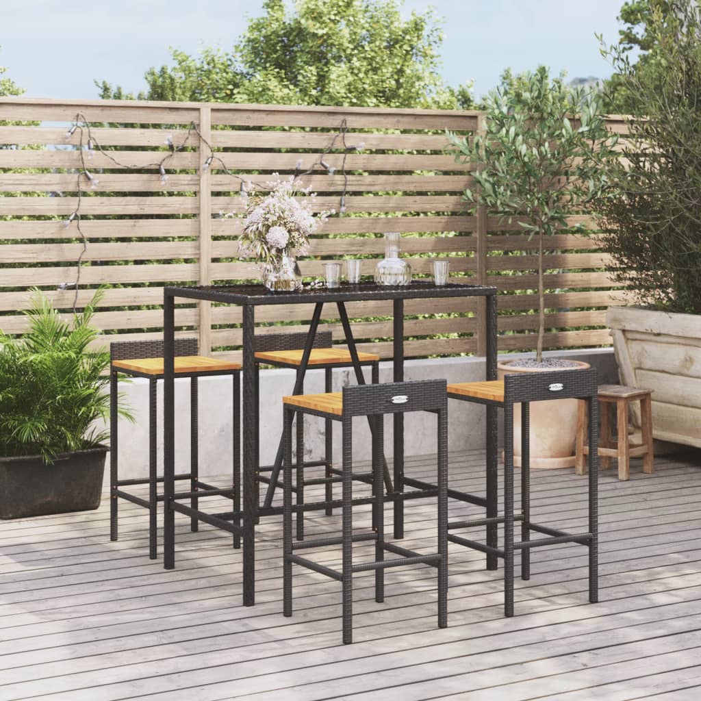 5 Piece Patio Bar Set Black Poly Rattan& Solid Wood Acacia