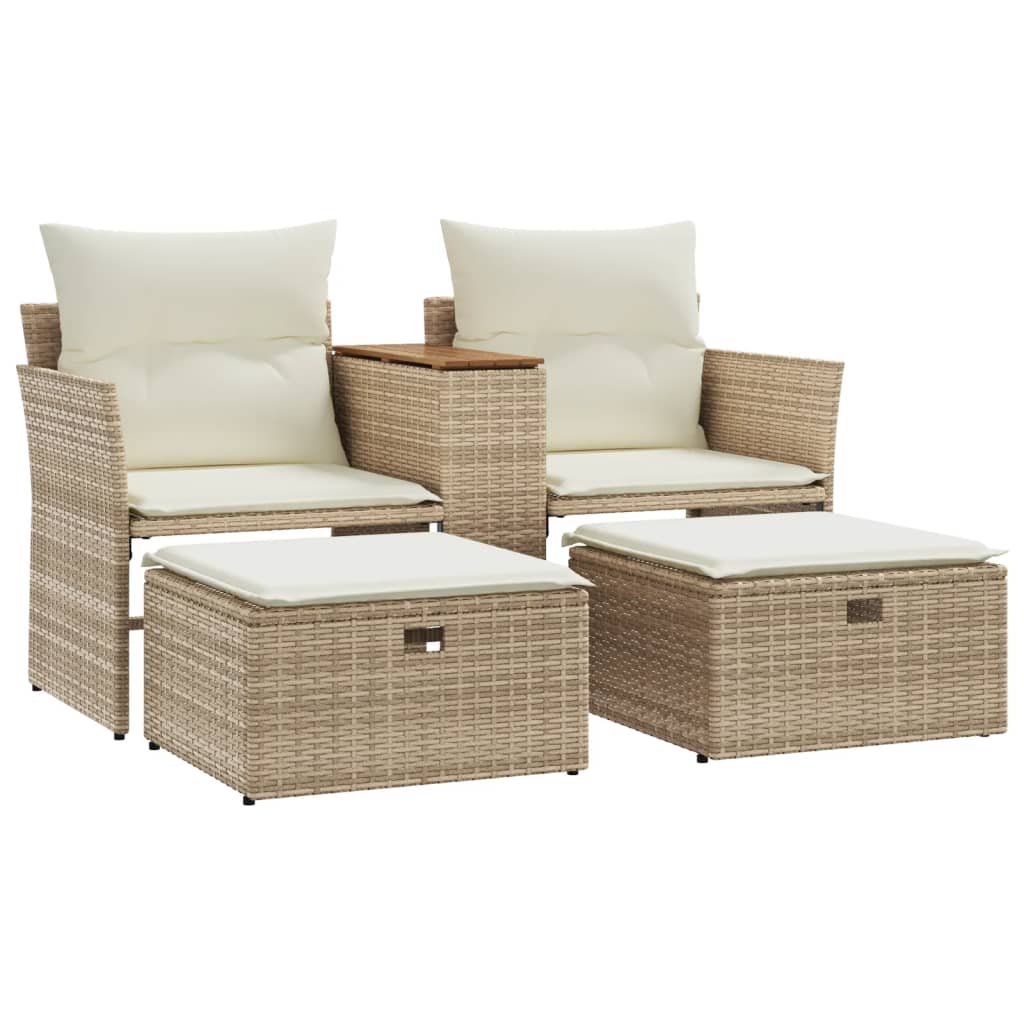 Patio Sofa 2-Seater with Stools Beige Poly Rattan