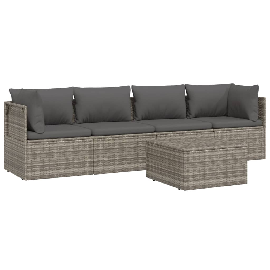 5 Piece Patio Lounge Set with Cushions Gray Poly Rattan