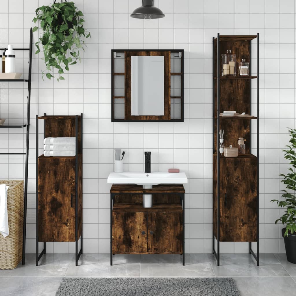 4 Piece Bathroom Cabinet Set Smoked Oak Engineered Wood