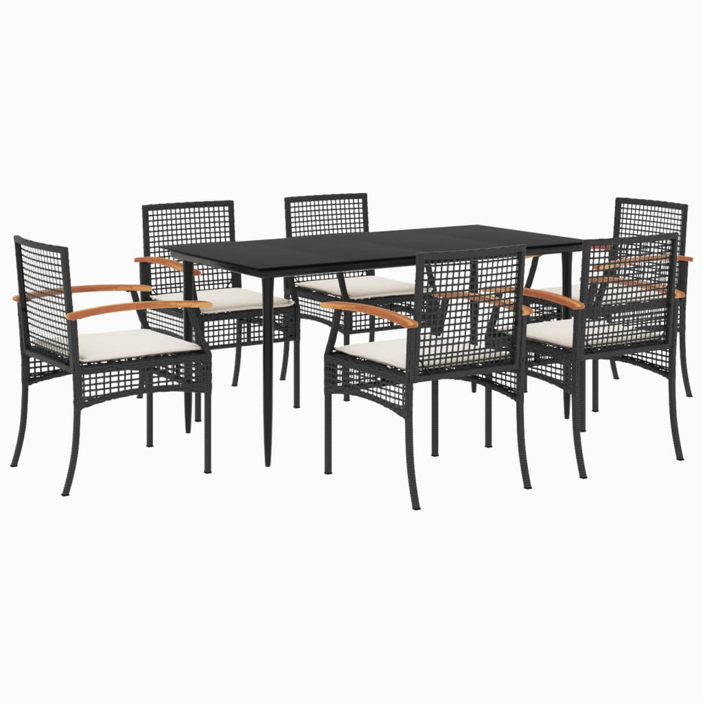 7 Piece Patio Dining Set with Cushions Black Poly Rattan