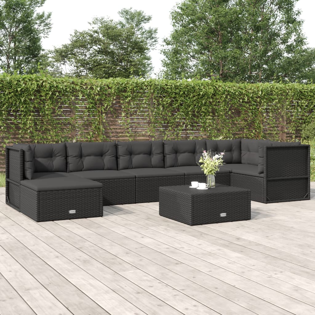 7 Piece Patio Lounge Set with Cushions Black Poly Rattan