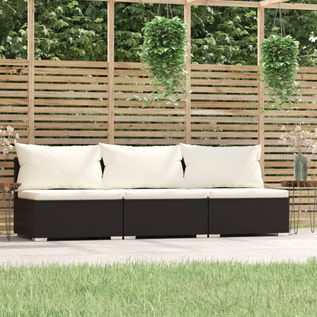 3 Seat Patio Sofa with Cushions Black Poly Rattan