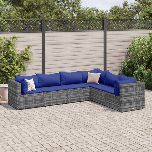 6 Piece Patio Lounge Set with Cushions Gray Poly Rattan