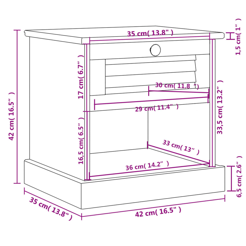 Bedside Cabinet VIGO 16.5"x13.8"x16.5" Solid Wood Pine