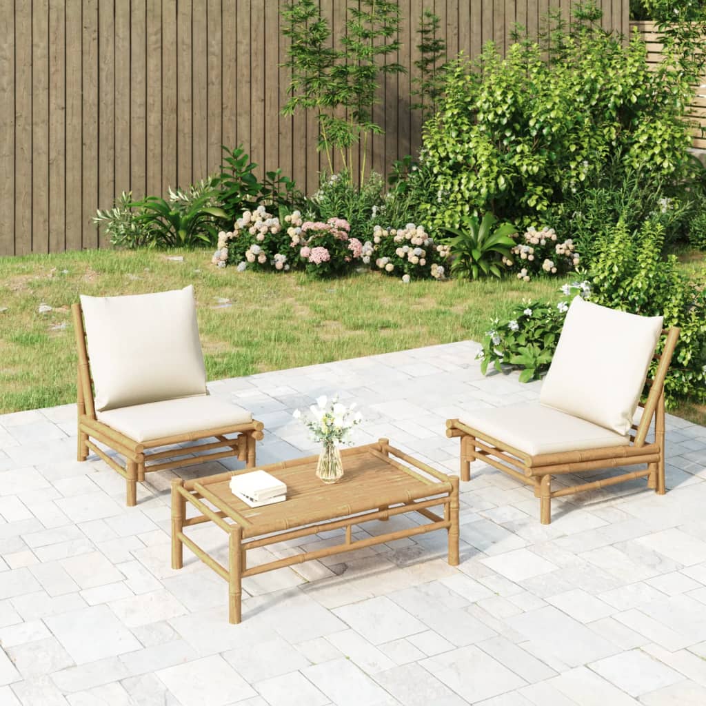 3 Piece Patio Lounge Set with Cream White Cushions Bamboo