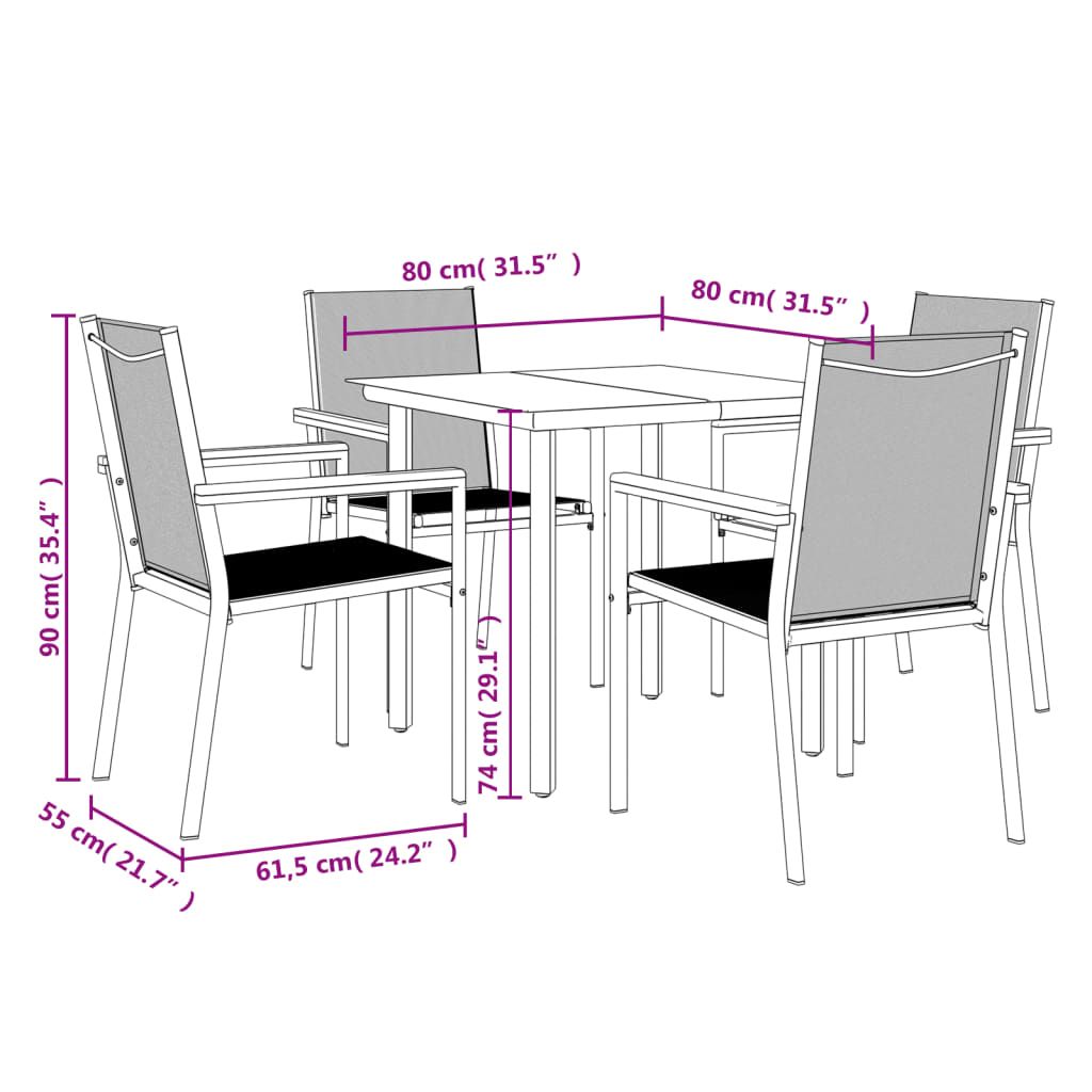 5 Piece Patio Dining Set Black Textilene and Steel