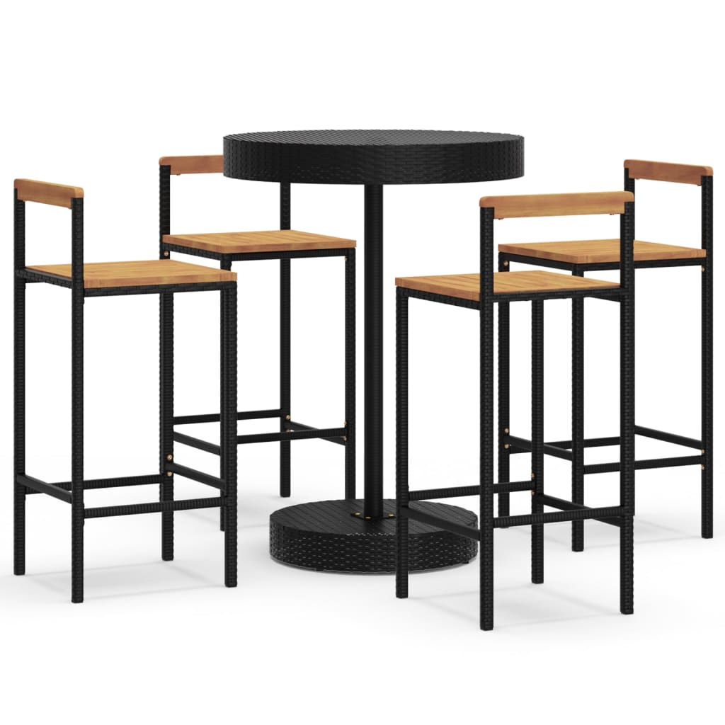 5 Piece Patio Bar Set Black Poly Rattan&Solid Wood Acacia