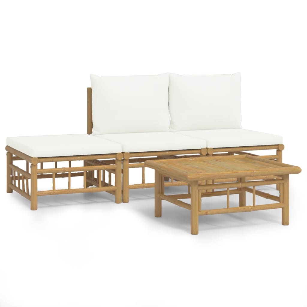 4 Piece Patio Lounge Set with Cream White Cushions Bamboo