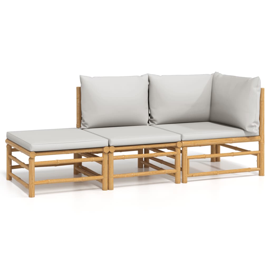 3 Piece Patio Lounge Set with Light Gray Cushions Bamboo