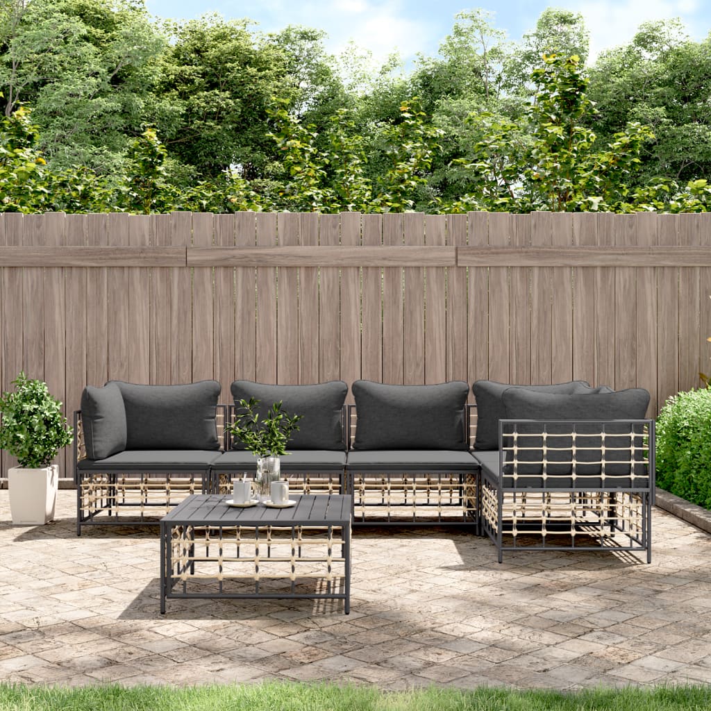 6 Piece Patio Lounge Set with Cushions Anthracite Poly Rattan