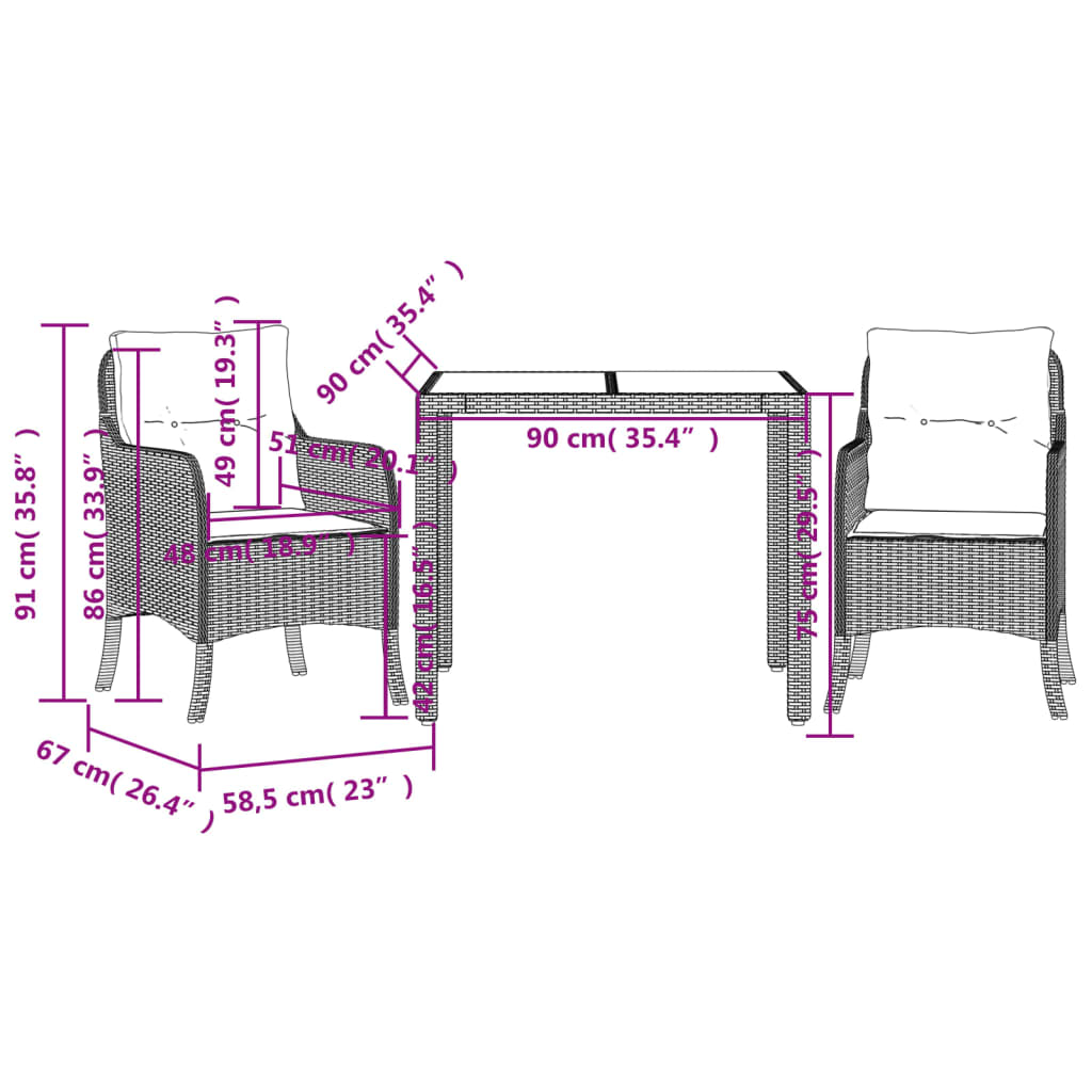 3 Piece Patio Dining Set with Cushions Gray Poly Rattan