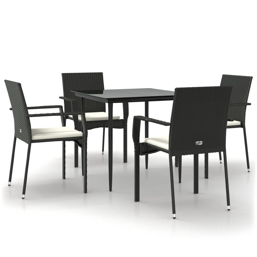 5 Piece Patio Dining Set with Cushions Black Poly Rattan