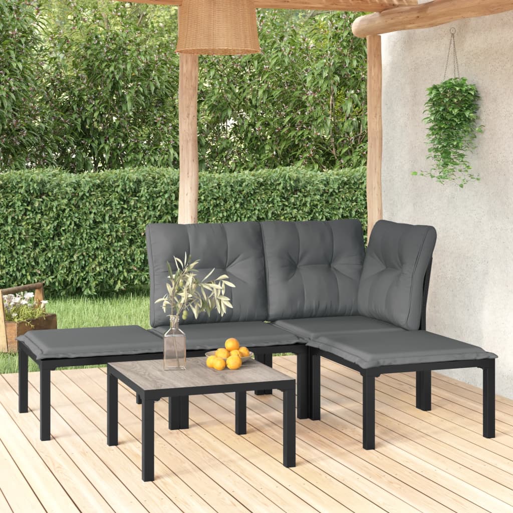 5 Piece Patio Lounge Set Black and Gray Poly Rattan