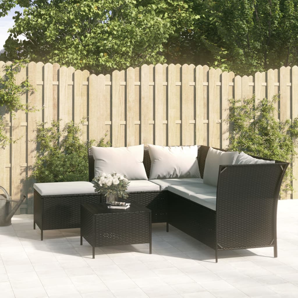 4 Piece Patio Lounge Set with Cushions Black Poly Rattan