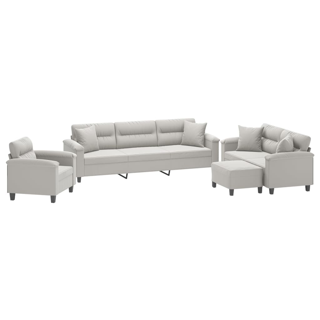 4 Piece Sofa Set with Pillows Light Gray Microfiber Fabric