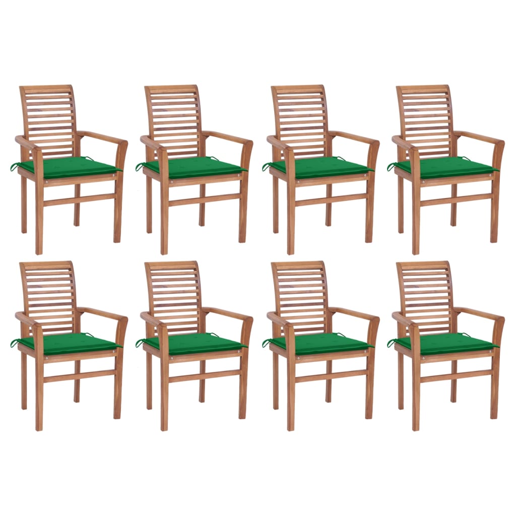 Dining Chairs 8 pcs with Green Cushions Solid Teak Wood