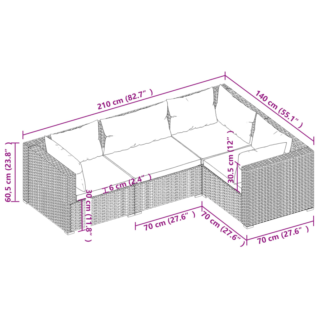 4 Piece Patio Lounge Set with Cushions Poly Rattan Brown