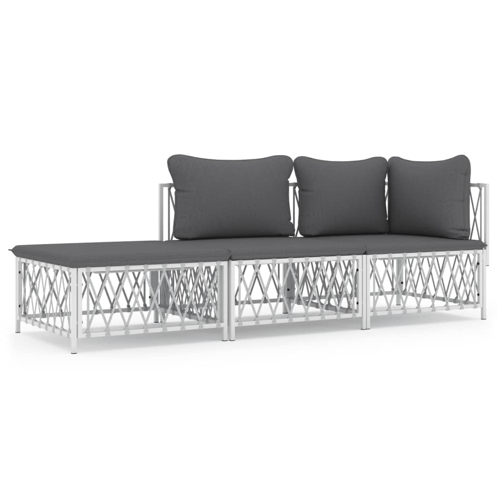 3 Piece Patio Lounge Set with Cushions White Steel