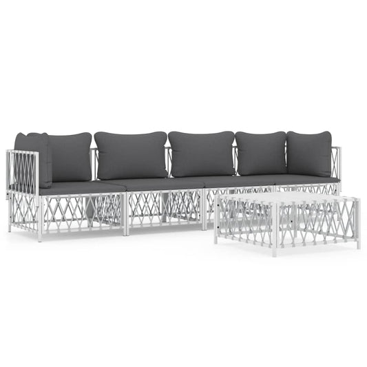 5 Piece Patio Lounge Set with Cushions White Steel