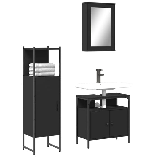 3 Piece Bathroom Furniture Set Black Engineered Wood