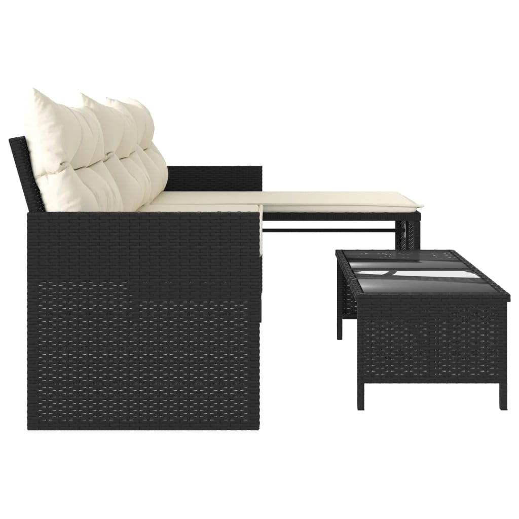 Patio Sofa with Table and Cushions L-Shaped Black Poly Rattan