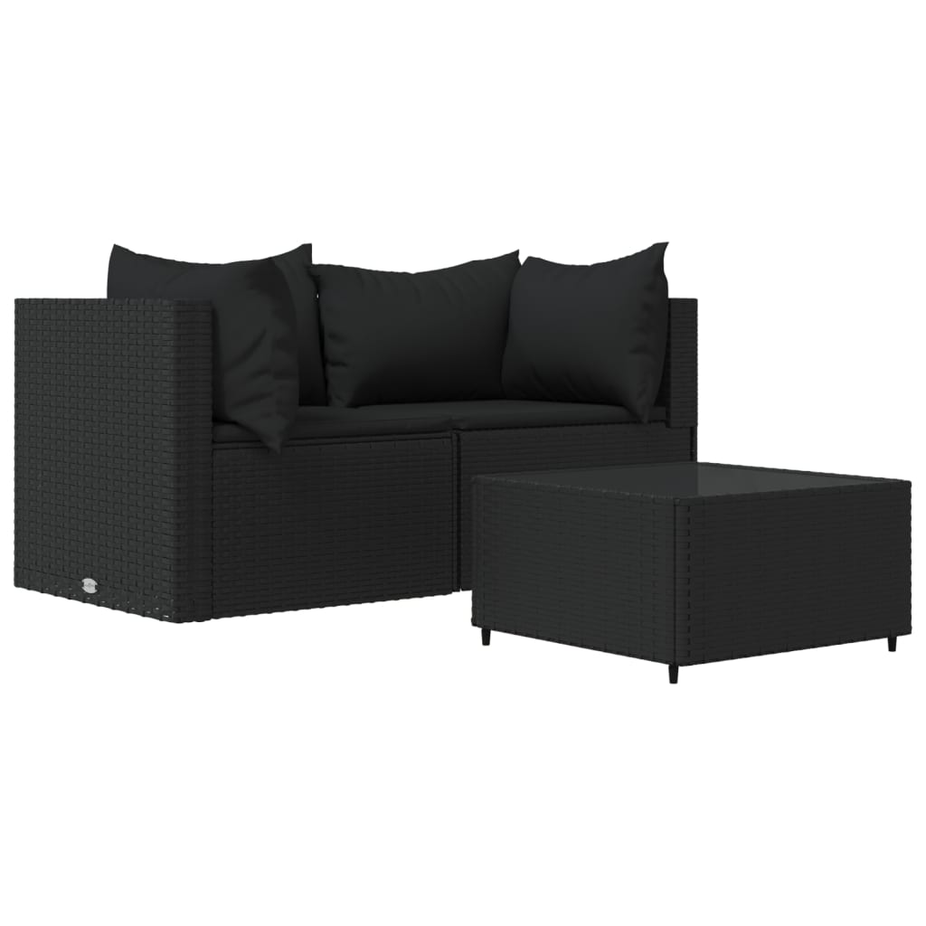 3 Piece Patio Lounge Set with Cushions Black Poly Rattan